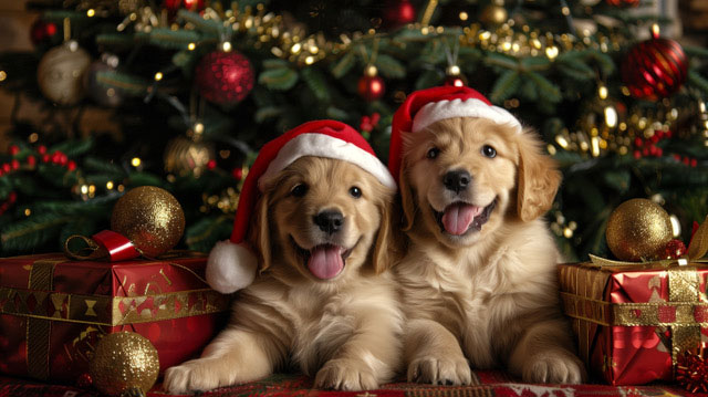 2 puppies with santa hats 640