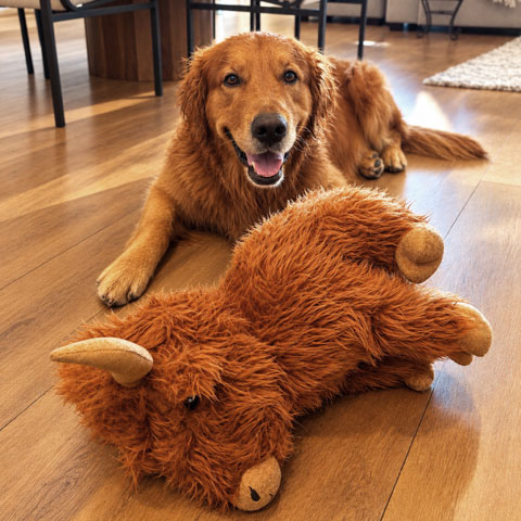 golden retriever with large stuffed toy