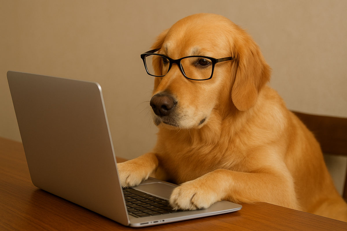 golden retriever wearing glasses at laptop