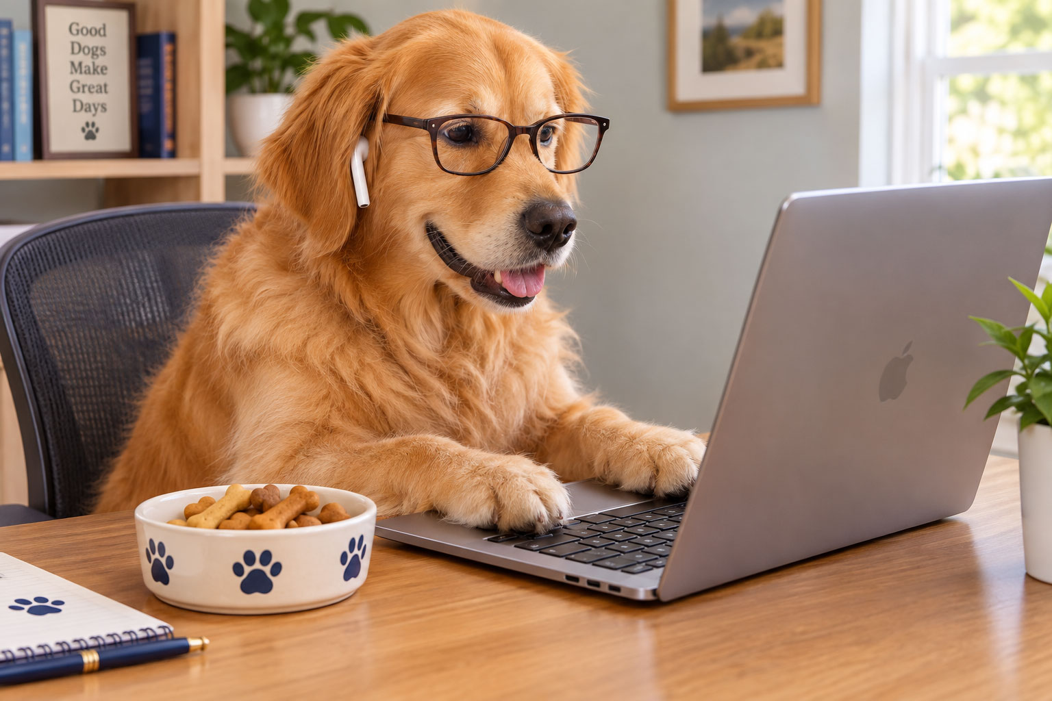 golden retriever at computer with glasses and airpods and treat bowl