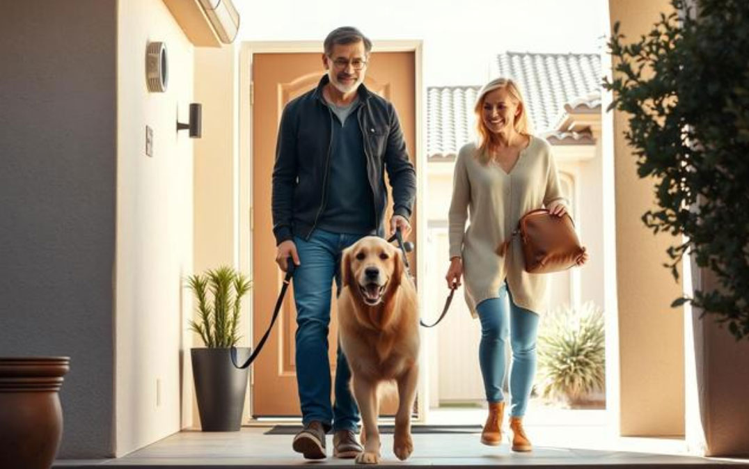 people & golden at door
