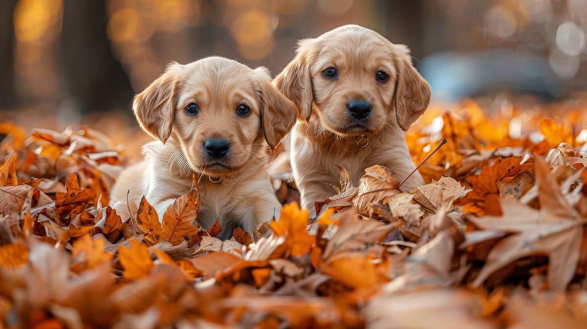 two golden puppies in fall leaves